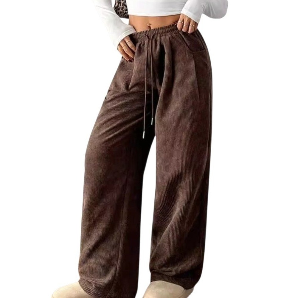 Brown Corduroy Wide Leg Drawstring Pants M Boho Dark Academia Streetwear Lounge